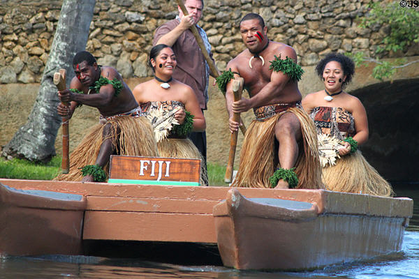 Fijian float in Rainbows of Paradise show at Polynesian Cultural Center. Laie, HI.