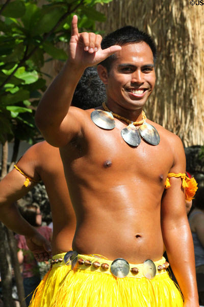 Tahitian performer in Rainbows of Paradise show at Polynesian Cultural Center. Laie, HI.