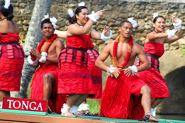 Tongan dancers in Rainbows of Paradise show at Polynesian Cultural Center. Laie, HI.