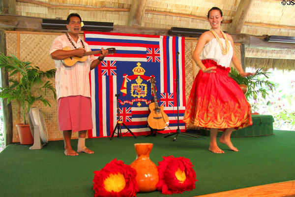 Hula performance in Hawaiian village at Polynesian Cultural Center. Laie, HI.