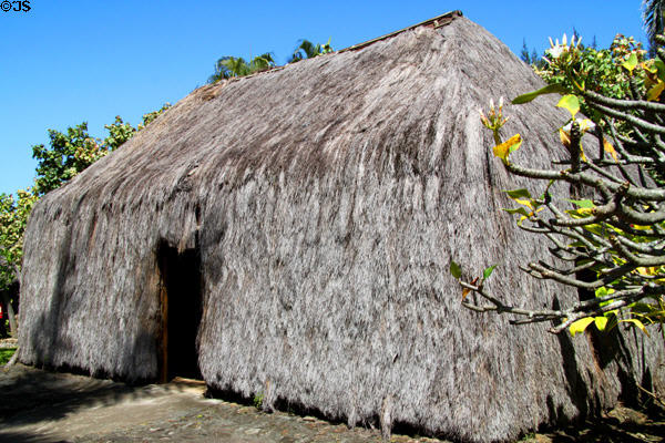 Men's work house (Hale Mua) in Hawaiian village at Polynesian Cultural Center. Laie, HI.