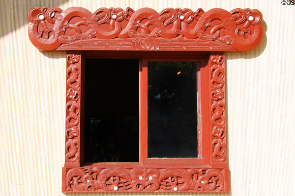 New Zealand Aotearoa-Maori carved window frame at Polynesian Cultural Center. Laie, HI.