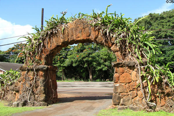 Stone entrance arch of Liliuokalani Protestant Church. Haleiwa, HI.