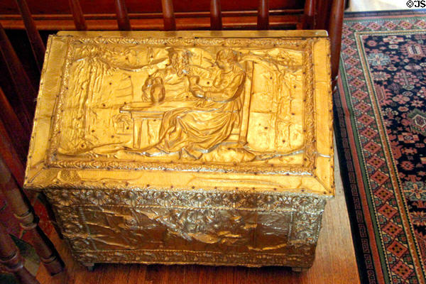 Storage box with embossed lid at Dodge House. Council Bluffs, IA.