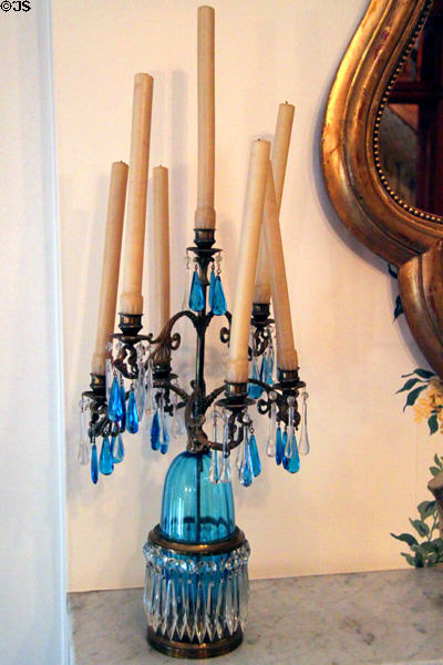 Blue glass with crystals candlestick at Dodge House. Council Bluffs, IA.