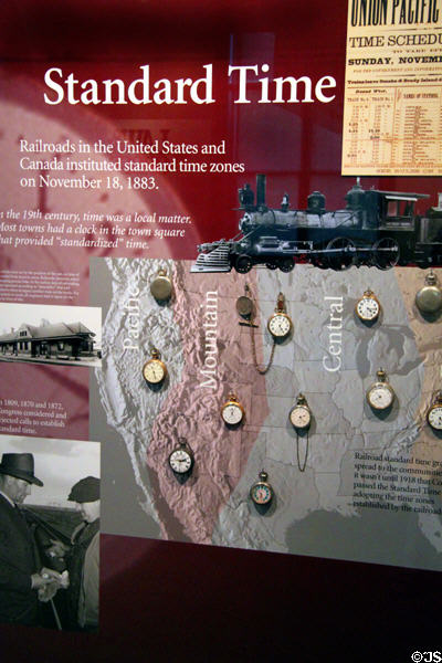 History of Standard Time display with antique pocket watches at Union Pacific Railroad Museum. Council Bluffs, IA.