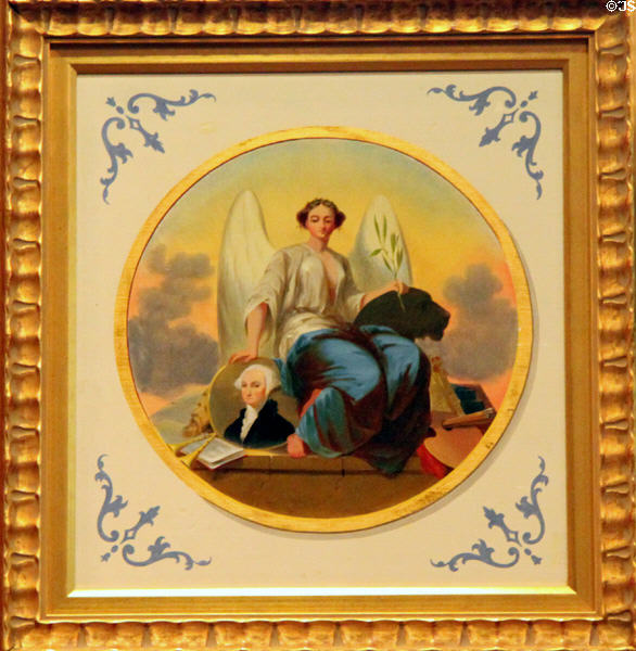 Painted tile of George Washington with angel from Abraham Lincoln's rail car at Union Pacific Railroad Museum. Council Bluffs, IA.