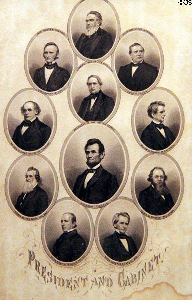 Graphic (1864) of Abraham Lincoln with his first term Cabinet at Union Pacific Railroad Museum. Council Bluffs, IA.