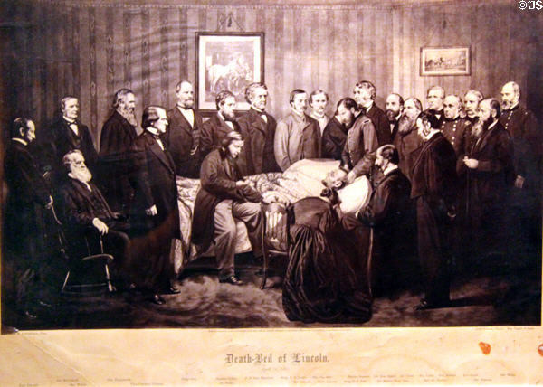 Graphic (1866) of Death Bed of Lincoln (April 15, 1865) by John H. Littlefield at Union Pacific Railroad Museum. Council Bluffs, IA.