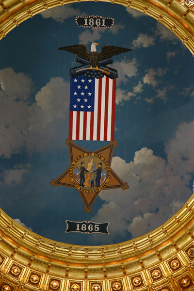Grand Army of the Republic reunion badge suspended within Iowa State Capitol dome interior for over a century. Des Moines, IA.