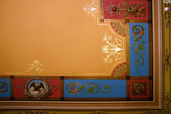 Bright designs on ceiling of Governor's office in Iowa State Capitol. Des Moines, IA.