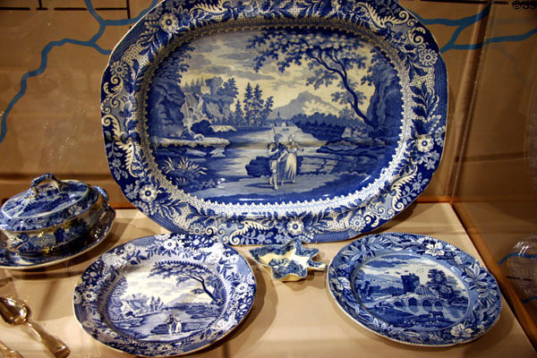 Victorian blue porcelain serving dishes at Historical Museum of Iowa. Des Moines, IA.