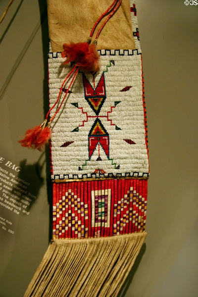 Native American pipe bag decorated with glass beadwork at Historical Museum of Iowa. Des Moines, IA.
