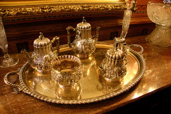 Silver coffee & tea service (1856) presented to an executive Chicago & Rock Island Railroad at Hoyt Sherman Place. Des Moines, IA.