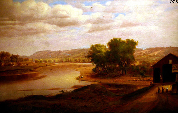 Painting of Raccoon Forks of the river when Des Moines was a village by J.A. Forgy at Hoyt Sherman Place Museum. Des Moines, IA.