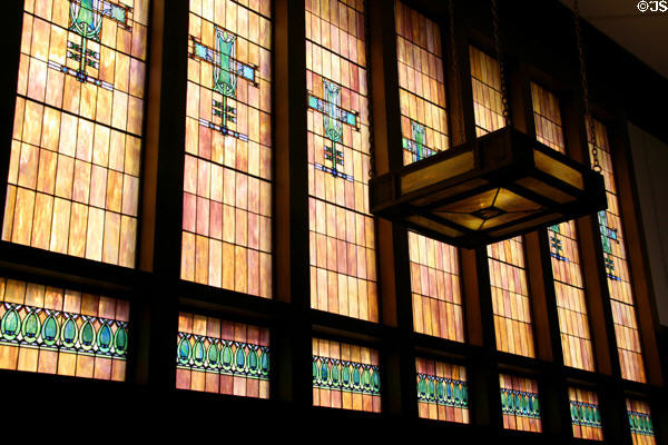 East wall stained glass windows from interior of Merchants' National Bank. Grinnell, IA.