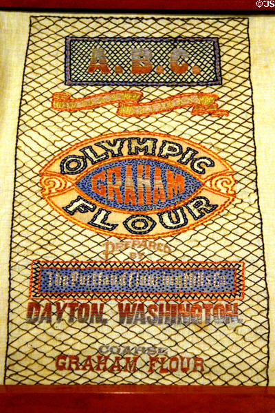 Embroidered Olympic Graham Flour sack (Dayton, WA) created by Belgians to raise funds for more relief food. West Branch, IA.