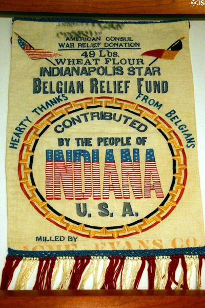 Belgian Relief Fund embroidered flour sack thanks people of Indiana for aid at Hoover Museum. West Branch, IA.