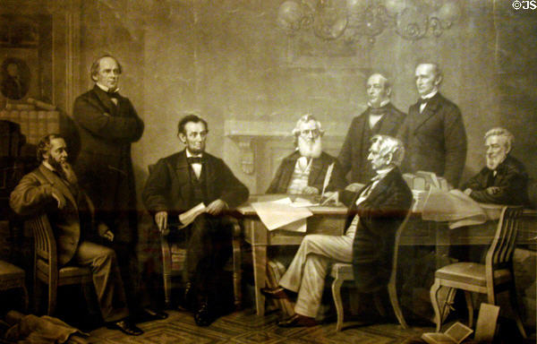 Engraving of First Reading of the Emancipation Proclamation after F.B. Carpenter's 1864 painting at Hoover Museum. West Branch, IA.