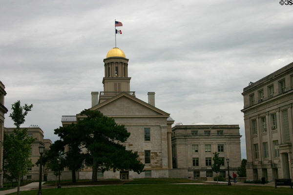 Old Iowa Capitol flanked by University of Iowa buildings. Iowa City, IA.