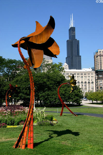 Sculpted steel flowers in Grant Park seen against Sears Tower. Chicago, IL.