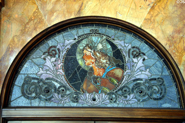 Stained glass window of woman with halo over entrance of Auditorium Building. Chicago, IL.