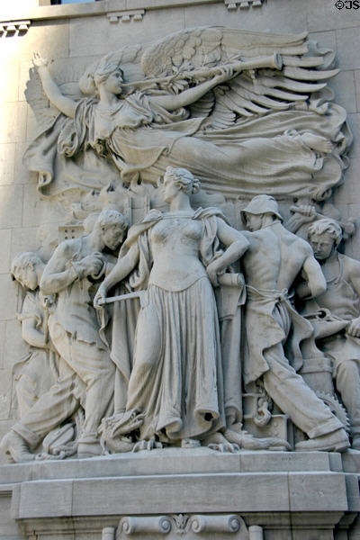 Relief of industry rebuilding Chicago after the great fire of 1871 on Michigan Avenue Bridge. Chicago, IL.