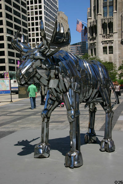 Welded steel auto bumpers of moose (2002-3) by John Rearney in front of Tribune Tower. Chicago, IL.
