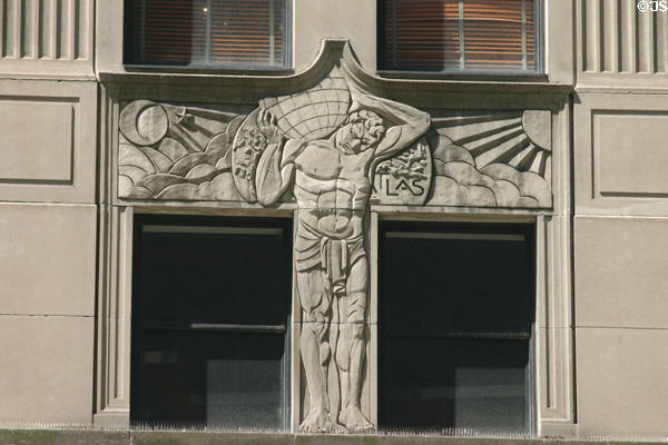 Detail of relief of Atlas on former McGraw-Hill Building facade. Chicago, IL.