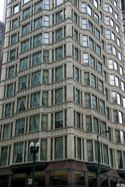 Reliance Building (1890 & 1894) (14 floors) (32 North State St.) with white terra cotta. Chicago, IL. Architect: C. Atwood of Burnham & Root. On National Register.