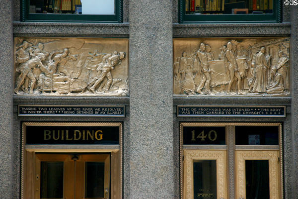 Bronze reliefs over doors of Marquette Building showing scenes of earliest known white exploration of the rivers of Illinois & New France. Chicago, IL.