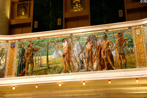 Mosaic of Marquette & Jolliet meeting Indians "They answered they were Illinois & in token of peace presented the pipe to smoke" in Marquette Building. Chicago, IL.
