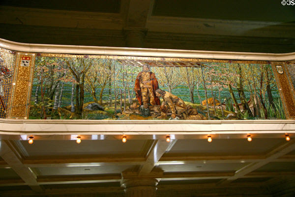 Mosaic of death of Marquette "28th of May 1675, To die as he had always asked in a wretched cabin amid the forest, destitute of all human aid" in Marquette Building. Chicago, IL.