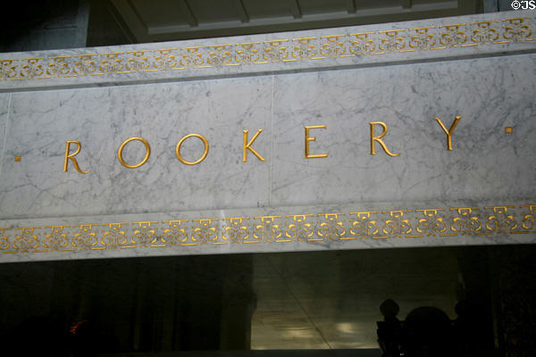 Marble sign of Rookery Building. Chicago, IL.