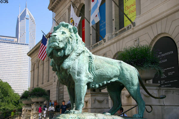 Lion sculpture (1893) by Edward Kemeys outside Art Institute of Chicago. Chicago, IL.