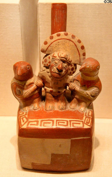 Moche pottery vessel representing prisoner with avian captors (100 BCE-500) from Peru at Art Institute of Chicago. Chicago, IL.