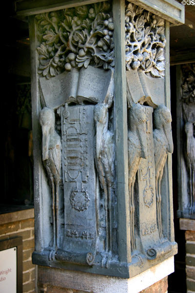 Storks carved on columns of Wright's studio entrance. Oak Park, IL.