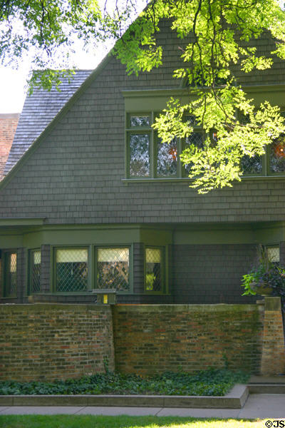 Shingled gable & leaded glass windows of F.L. Wright's home. Oak Park, IL.