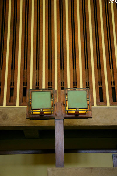 Wright's lights & woodwork in Unity Temple. Oak Park, IL.