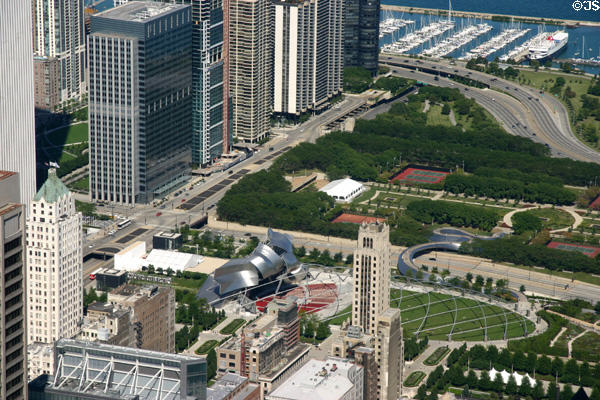 Gehry's Jay Pritzker Pavilion & Millennium Park from above tucked between Michigan Av., Randolph St. & waterfront. Chicago, IL.