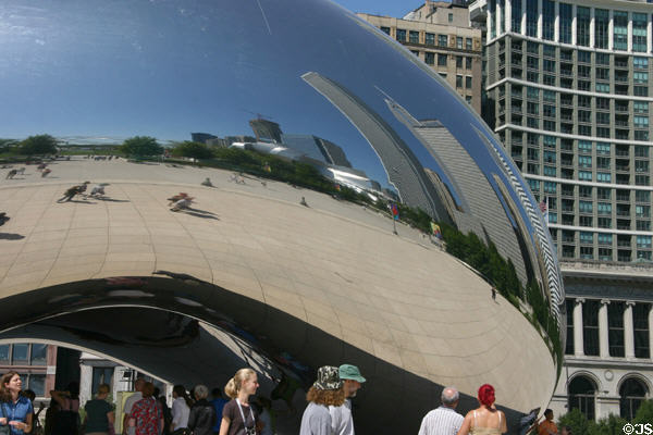 Cloud Gate sculpture in Millennium Park mirrors an ever-changing image. Chicago, IL.