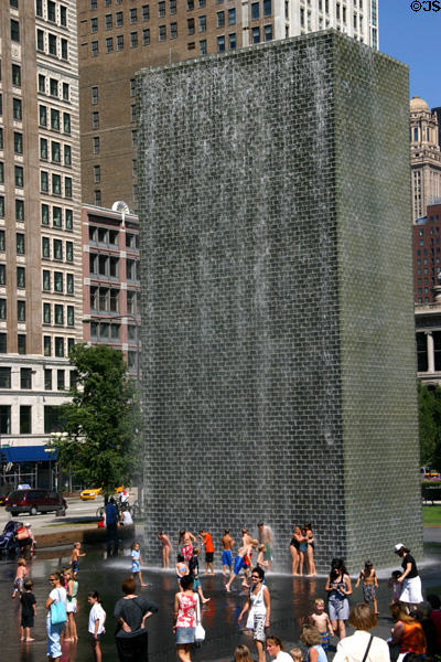 At times the towers of Crown Fountain in Millennium Park turn into waterfalls. Chicago, IL.