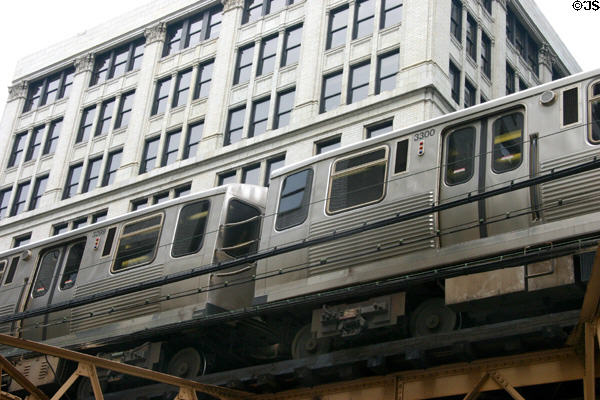CTA transit train on elevated loop. Chicago, IL.