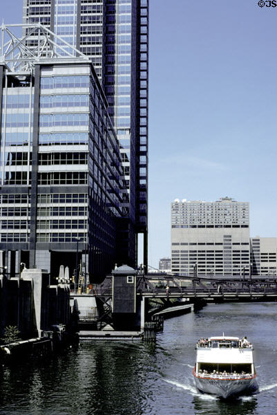 Boeing Headquarters (former Morton International Building) above Chicago River. Chicago, IL.