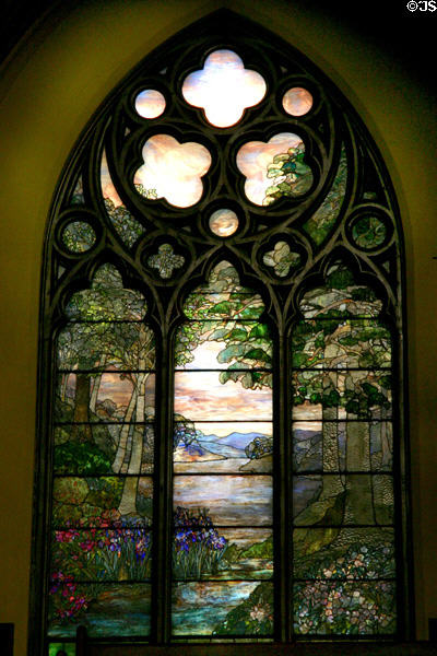 Mountain scene stained glass windows by Louis Comfort Tiffany & Edward Burne-Jones in Second Presbyterian Church. Chicago, IL.