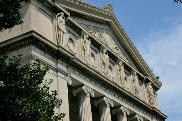 Pediment detail of Museum of Science & Industry, for which original plaster exterior was replicated in stone (1929-33). Chicago, IL.
