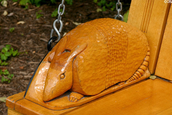 Carved armadillo on commemorative bench (2001) at University of Chicago. Chicago, IL.