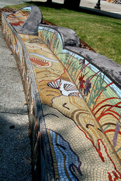 Wavy mosaic art bench in Navy Pier Park. Chicago, IL.