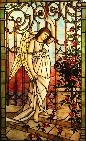 Stained glass window (c1900) of Angel at Gates of Heaven from Philadelphia at Stained Glass Museum. Chicago, IL.
