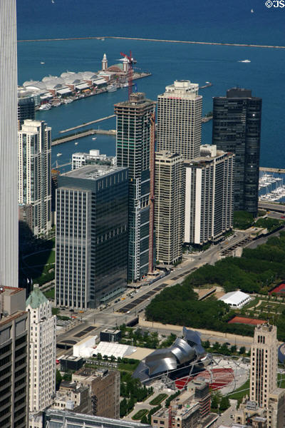 Navy Pier, apartments along East Randolph Street & Millennium Park from Sears Tower. Chicago, IL.